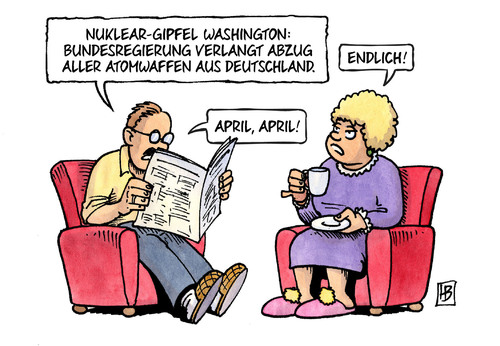 Cartoon: Nuklear-Gipfel (medium) by Harm Bengen tagged nuklear,gipfel,washington,bundesregierung,abzug,atomwaffen,deutschland,zeitung,aprilscherz,harm,bengen,cartoon,karikatur,nuklear,gipfel,washington,bundesregierung,abzug,atomwaffen,deutschland,zeitung,aprilscherz,harm,bengen,cartoon,karikatur