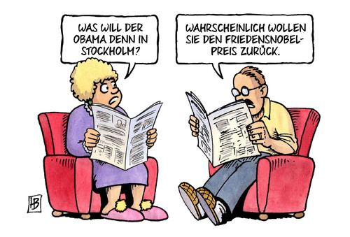 Cartoon: Obama in Stockholm (medium) by Harm Bengen tagged obama,stockholm,krieg,friedensnobelpreis,harm,bengen,cartoon,karikatur,obama,stockholm,krieg,friedensnobelpreis,harm,bengen,cartoon,karikatur