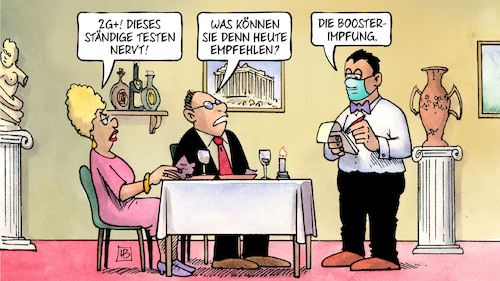 Cartoon: Ober empfiehlt (medium) by Harm Bengen tagged 2g,plus,testen,nervt,empfehlen,ober,kellner,bedienung,lokal,restaurant,essen,booster,impfung,corona,harm,bengen,cartoon,karikatur,2g,plus,testen,nervt,empfehlen,ober,kellner,bedienung,lokal,restaurant,essen,booster,impfung,corona,harm,bengen,cartoon,karikatur