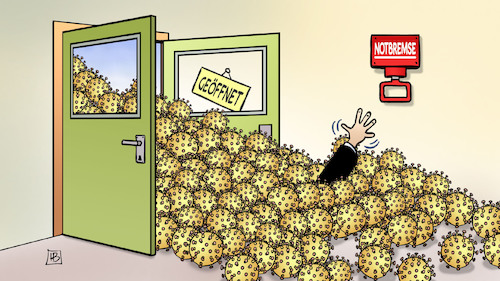 Cartoon: Öffnung und Notbremse (medium) by Harm Bengen tagged öffnungen,notbremse,tür,überrollt,flut,viren,merkel,lockerungen,ministerpräsidenten,corona,harm,bengen,cartoon,karikatur,öffnungen,notbremse,tür,überrollt,flut,viren,merkel,lockerungen,ministerpräsidenten,corona,harm,bengen,cartoon,karikatur