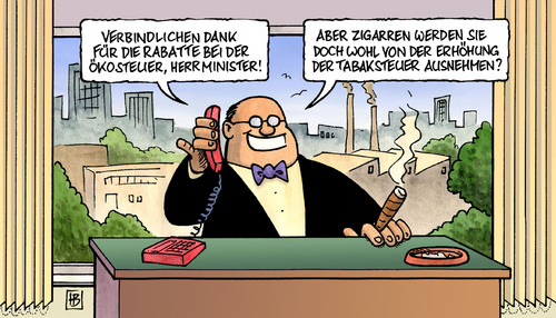 Cartoon: Ökosteuer und Tabaksteuer (medium) by Harm Bengen tagged ökosteuer,tabaksteuer,tabak,rauchen,raucher,zigarren,öko,konzerne,energieverbrauch,energie,rabatt,senkung,klientel,klientelpolitik,cdu,fdp,csu,schäuble,brüderle,merkel,industrierabatte,ökosteuerentlastung,raucher,tabaksteuer,rauchen,tabak,industrie,öko,sparpaket,cdu,csu,fdp,scharz,gelb,ökosteuer,senkung,erhöhung,normalverbraucher,zigarren,konzerne,energieverbrauch,energie,rabatt