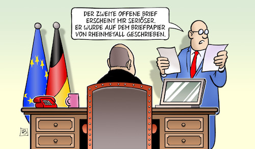 Cartoon: Offene Briefe (medium) by Harm Bengen tagged offene,briefe,seriös,briefpapier,rheinmetall,scholz,schreibtisch,fahnen,waffenlieferungen,intellektuelle,russland,ukraine,krieg,harm,bengen,cartoon,karikatur,offene,briefe,seriös,briefpapier,rheinmetall,scholz,schreibtisch,fahnen,waffenlieferungen,intellektuelle,russland,ukraine,krieg,harm,bengen,cartoon,karikatur