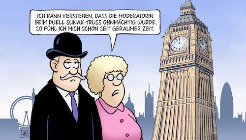 Cartoon: Ohnmacht (medium) by Harm Bengen tagged moderatorin,duell,sunak,truss,ohnmächtig,uk,gb,big,ben,london,ohnmacht,harm,bengen,cartoon,karikatur,moderatorin,duell,sunak,truss,ohnmächtig,uk,gb,big,ben,london,ohnmacht,harm,bengen,cartoon,karikatur