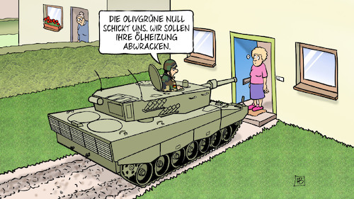 Cartoon: Olivgrüne Null (medium) by Harm Bengen tagged olivgrüne,null,ölheizung,abwrackprämie,panzer,garten,haustür,akk,klimawandel,bundeswehr,harm,bengen,cartoon,karikatur,olivgrüne,null,ölheizung,abwrackprämie,panzer,garten,haustür,akk,klimawandel,bundeswehr,harm,bengen,cartoon,karikatur