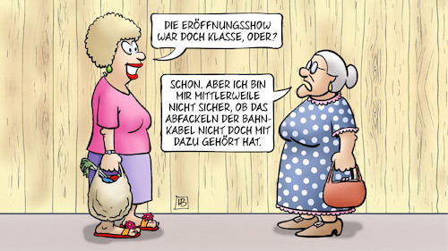 Cartoon: Olympia-Bahnfeuer (medium) by Harm Bengen tagged eröffnungsshow,abfackeln,bahnkabel,sicherheit,olympia,paris,frankreich,anschläge,bahnverkehr,susemil,jutta,zaun,harm,bengen,cartoon,karikatur,eröffnungsshow,abfackeln,bahnkabel,sicherheit,olympia,paris,frankreich,anschläge,bahnverkehr,susemil,jutta,zaun,harm,bengen,cartoon,karikatur