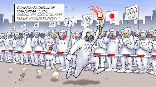 Cartoon: Olympia-Fackellauf (medium) by Harm Bengen tagged olympiade,fackellauf,eröffnung,fukushima,zuschauer,hygienekonzept,atomkatastrophe,corona,schutzanzüge,harm,bengen,cartoon,karikatur,olympiade,fackellauf,eröffnung,fukushima,zuschauer,hygienekonzept,atomkatastrophe,corona,schutzanzüge,harm,bengen,cartoon,karikatur