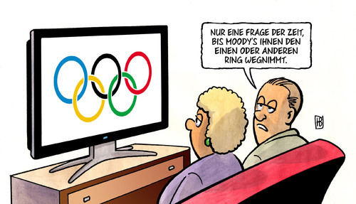 Cartoon: Olympia-Rating (medium) by Harm Bengen tagged moodys,ratingagentur,euro,eurokrise,usa,eu,banken,aaa,olympiade,olympische,ringe