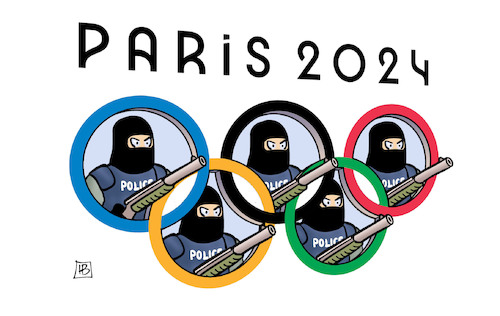 Cartoon: Olympia-Sicherheit (medium) by Harm Bengen tagged olympische,ringe,sicherheit,olympia,paris,frankreich,anschläge,bahnverkehr,polizei,polizisten,gewehre,harm,bengen,cartoon,karikatur,olympische,ringe,sicherheit,olympia,paris,frankreich,anschläge,bahnverkehr,polizei,polizisten,gewehre,harm,bengen,cartoon,karikatur