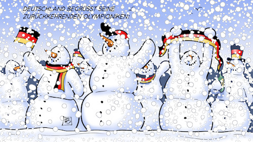 Cartoon: Olympioniken-Rückkehr (medium) by Harm Bengen tagged deutschland,olympioniken,rückkehr,begrüssung,olympia,winter,eis,schneemänner,schneemann,harm,bengen,cartoon,karikatur,deutschland,olympioniken,rückkehr,begrüssung,olympia,winter,eis,schneemänner,schneemann,harm,bengen,cartoon,karikatur