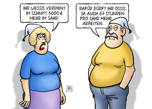 Cartoon: Ost-Arbeit und West-Lohn (medium) by Harm Bengen tagged wessis,verdienst,lohn,ossis,arbeiten,arbeitszeit,unterschied,ddr,brd,harm,bengen,cartoon,karikatur,wessis,verdienst,lohn,ossis,arbeiten,arbeitszeit,unterschied,ddr,brd,harm,bengen,cartoon,karikatur