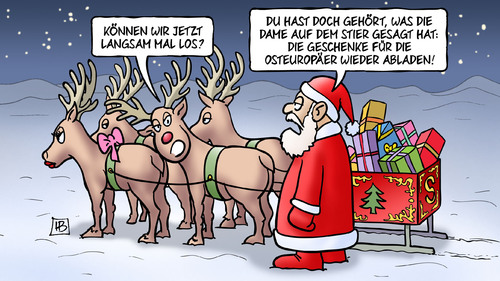 Cartoon: Ost-Geschenke (medium) by Harm Bengen tagged osteuropa,europa,migration,flucht,asyl,fluechtlinge,aufnahme,gelder,eu,zahlung,geschenke,rentiere,weihnachtsmann,harm,bengen,cartoon,karikatur,osteuropa,europa,migration,flucht,asyl,fluechtlinge,aufnahme,gelder,eu,zahlung,geschenke,rentiere,weihnachtsmann,harm,bengen,cartoon,karikatur