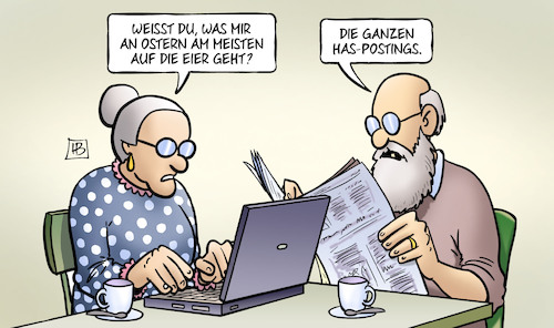 Cartoon: Oster-Postings (medium) by Harm Bengen tagged ostern,postings,eier,osterhase,hass,internet,computer,laptop,susemil,harm,bengen,cartoon,karikatur,ostern,postings,eier,osterhase,hass,internet,computer,laptop,susemil,harm,bengen,cartoon,karikatur