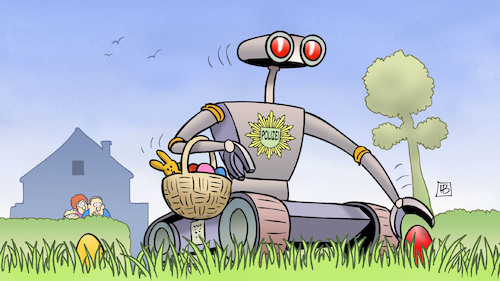 Cartoon: Ostersicherheit (medium) by Harm Bengen tagged ostersicherheit,ostern,polizei,robotter,bomben,eier,sammeln,angst,harm,bengen,cartoon,karikatur,ostersicherheit,ostern,polizei,robotter,bomben,eier,sammeln,angst,harm,bengen,cartoon,karikatur