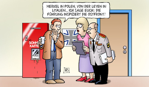 Cartoon: Ostfront (medium) by Harm Bengen tagged merkel,polen,von,der,leyen,litauen,führung,inspizieren,ostfront,bundeswehr,verteidigungsministerin,bundeskanzlerin,krieg,harm,bengen,cartoon,karikatur,merkel,polen,von,der,leyen,litauen,führung,inspizieren,ostfront,bundeswehr,verteidigungsministerin,bundeskanzlerin,krieg,harm,bengen,cartoon,karikatur