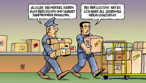 Cartoon: Paketbomben (medium) by Harm Bengen tagged paketbomben,paket,päckchen,bombe,terror,griechenland,flugverkehr,fracht,transport,empfänger,explosion,merkel,sakozy,berlusconi,skandal,sexskandal,sexbombe,bunga,paketbomben,paket,bombe,griechenland,terror,flugverkehr,fracht,transport,empfänger,explosion,merkel,post