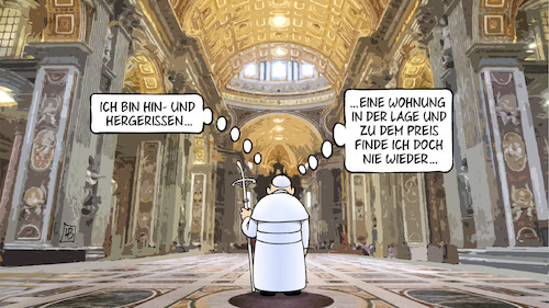 Cartoon: Papst-Gedanken (medium) by Harm Bengen tagged papst,franziskus,laquila,gedanken,petersdom,rom,rücktritt,wohnung,harm,bengen,cartoon,karikatur,papst,franziskus,laquila,gedanken,petersdom,rom,rücktritt,wohnung,harm,bengen,cartoon,karikatur