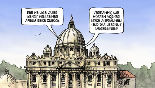 Cartoon: Papst zurück (medium) by Harm Bengen tagged heiliger,vater,papst,afrika,reise,leergut,petersdom,vatikan,party,kurie,harm,bengen,cartoon,karikatur,heiliger,vater,papst,afrika,reise,leergut,petersdom,vatikan,party,kurie,harm,bengen,cartoon,karikatur