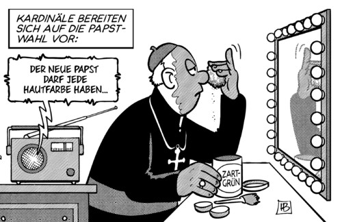 Cartoon: Papstfarbe (medium) by Harm Bengen tagged papstfarbe,papst,farbe,papstwahl,rom,konklave,katholische,kirche,makeup,gruen,harm,bengen,cartoon,karikatur