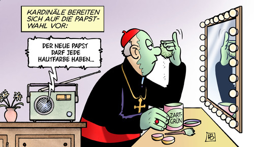 Cartoon: Papstfarbe (medium) by Harm Bengen tagged papstfarbe,papst,farbe,papstwahl,rom,konklave,katholische,kirche,makeup,gruen,harm,bengen,cartoon,karikatur,papstfarbe,papst,farbe,papstwahl,rom,konklave,katholische,kirche,makeup,gruen,harm,bengen,cartoon,karikatur