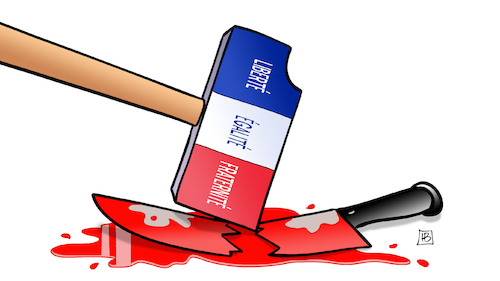 Cartoon: Paris-Terror (medium) by Harm Bengen tagged paris,terror,islamismus,liberte,egalite,fraternite,frankreich,fahne,messer,hammer,blut,mohammed,karikaturen,harm,bengen,cartoon,karikatur,paris,terror,islamismus,liberte,egalite,fraternite,frankreich,fahne,messer,hammer,blut,mohammed,karikaturen,harm,bengen,cartoon,karikatur