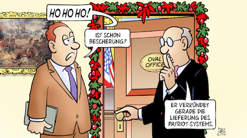 Cartoon: Patriot-Bescherung (medium) by Harm Bengen tagged hohoho,bescherung,lieferung,patriot,system,luftabwehr,oval,office,weisses,haus,usa,staatsbesuch,selenskyj,biden,weihnachten,krieg,ukraine,russland,harm,bengen,cartoon,karikatur,hohoho,bescherung,lieferung,patriot,system,luftabwehr,oval,office,weisses,haus,usa,staatsbesuch,selenskyj,biden,weihnachten,krieg,ukraine,russland,harm,bengen,cartoon,karikatur