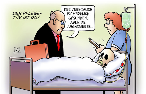 Cartoon: Pflege-TÜV (medium) by Harm Bengen tagged pflege,tüv,verbrauch,abgaswerte,krankenhaus,krankenschwester,skelett,tod,harm,bengen,cartoon,karikatur,pflege,tüv,verbrauch,abgaswerte,krankenhaus,krankenschwester,skelett,tod,harm,bengen,cartoon,karikatur