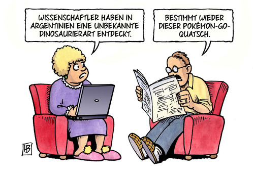 Cartoon: Pokemon-Go (medium) by Harm Bengen tagged wissenschaftler,argentinien,unbekannte,dinosaurierart,entdeckt,pokemon,go,quatsch,computer,spiele,zeitung,laptop,harm,bengen,cartoon,karikatur,wissenschaftler,argentinien,unbekannte,dinosaurierart,entdeckt,pokemon,go,quatsch,computer,spiele,zeitung,laptop,harm,bengen,cartoon,karikatur