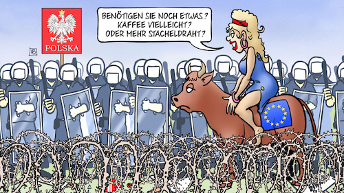 Cartoon: Polen-Belarus-Grenze (medium) by Harm Bengen tagged polen,belarus,grenze,kaffee,stacheldraht,migration,flüchtlinge,polizei,europa,eu,stier,harm,bengen,cartoon,karikatur,polen,belarus,grenze,kaffee,stacheldraht,migration,flüchtlinge,polizei,europa,eu,stier,harm,bengen,cartoon,karikatur