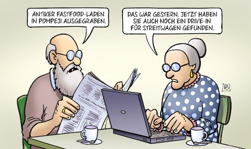 Cartoon: Pompeji-Fastfood (medium) by Harm Bengen tagged fastfood,laden,pompeji,ausgrabungen,drive,in,streitwagen,susemil,computer,laptop,zeitung,lesen,harm,bengen,cartoon,karikatur,fastfood,laden,pompeji,ausgrabungen,drive,in,streitwagen,susemil,computer,laptop,zeitung,lesen,harm,bengen,cartoon,karikatur