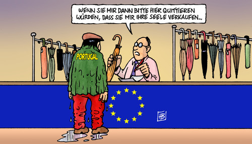 Cartoon: Portugal-Schirm (medium) by Harm Bengen tagged portugal,schirm,rettung,rettungsschirm,kredite,kreditwürdigkeit,finanzen,finanzkrise,rating,eu,europa,spekulation,spekulaten,portugal,schirm,rettung,rettungsschirm,kredite,kreditwürdigkeit,finanzen,finanzkrise,rating,eu,europa,spekulation