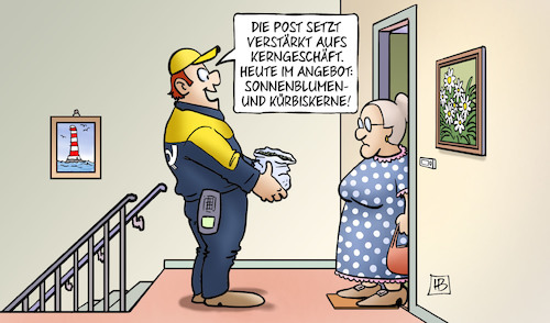 Cartoon: Post-Kerngeschäft (medium) by Harm Bengen tagged post,kerngeschäft,briefträger,postbote,paketbote,angebot,sonnenblumenkerne,kürbiskerne,susemil,harm,bengen,cartoon,karikatur,post,kerngeschäft,briefträger,postbote,paketbote,angebot,sonnenblumenkerne,kürbiskerne,susemil,harm,bengen,cartoon,karikatur