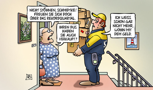 Cartoon: Post und Bus (medium) by Harm Bengen tagged karikatur,cartoon,bengen,harm,susemil,fernbus,verdienst,lohn,geld,briefträger,pakete,bus,postbus,rekordquartal,rekordquartal,postbus,bus,pakete,briefträger,geld,lohn,verdienst,fernbus,susemil,harm,bengen,cartoon,karikatur