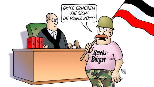 Cartoon: Prinz-Reuss-Prozess (medium) by Harm Bengen tagged prinz,reuss,prozess,reichsbürger,gericht,fahne,erheben,stahlhelm,harm,bengen,cartoon,karikatur,prinz,reuss,prozess,reichsbürger,gericht,fahne,erheben,stahlhelm,harm,bengen,cartoon,karikatur