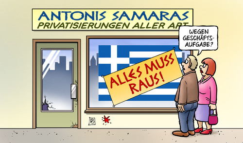 Cartoon: Privatisierungen (medium) by Harm Bengen tagged antonis,samaras,privatisierungen,geschäftsaufgabe,griechenland,sparprogramm,ausverkauf,verramschen,troika,erpressung,eu,euro,ministerpräsident,laden,samaras,antonis,privatisierungen,geschäftsaufgabe,griechenland,sparprogramm,ausverkauf,verramschen,troika,erpressung,privatisierung