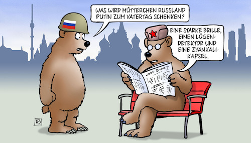 Cartoon: Putin-Vatertag (medium) by Harm Bengen tagged mütterchen,putin,vatertag,schenken,brille,lügendetektor,zyankalikapsel,bären,moskau,stahlhelm,russland,ukraine,krieg,harm,bengen,cartoon,karikatur,mütterchen,putin,vatertag,schenken,brille,lügendetektor,zyankalikapsel,bären,moskau,stahlhelm,russland,ukraine,krieg,harm,bengen,cartoon,karikatur