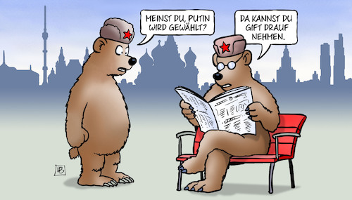 Cartoon: Putin-Wiederwahl (medium) by Harm Bengen tagged putin,wiederwahl,präsidentschaftswahlen,russland,moskau,bären,giftanschlag,england,salisbury,harm,bengen,cartoon,karikatur,putin,wiederwahl,präsidentschaftswahlen,russland,moskau,bären,giftanschlag,england,salisbury,harm,bengen,cartoon,karikatur