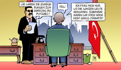 Cartoon: Putsch-Jahrestag (medium) by Harm Bengen tagged putsch,jahrestag,türkei,erdogan,verhaftungen,demokratie,harm,bengen,cartoon,karikatur,putsch,jahrestag,türkei,erdogan,verhaftungen,demokratie,harm,bengen,cartoon,karikatur