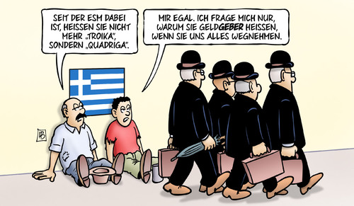 Cartoon: Quadriga (medium) by Harm Bengen tagged esm,quadriga,geldgeber,erpressung,drohung,privatisierung,bettler,europa,grexit,troika,institutionen,eu,ezb,iwf,griechenland,pleite,schulden,harm,bengen,cartoon,karikatur,esm,quadriga,geldgeber,erpressung,drohung,privatisierung,bettler,europa,grexit,troika,institutionen,eu,ezb,iwf,griechenland,pleite,schulden,harm,bengen,cartoon,karikatur