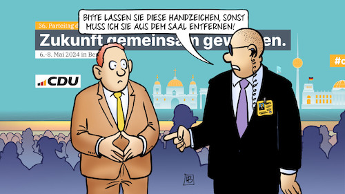 Cartoon: Raute unerwünscht (medium) by Harm Bengen tagged raute,handzeichen,saal,entfernen,security,merkel,politik,cdu,parteitag,kurs,harm,bengen,cartoon,karikatur,raute,handzeichen,saal,entfernen,security,merkel,politik,cdu,parteitag,kurs,harm,bengen,cartoon,karikatur