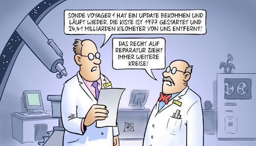 Cartoon: Recht auf Reparatur (medium) by Harm Bengen tagged voyager,sonde,weltraumforschung,update,1977,recht,auf,reparatur,astronomen,sternenwarte,sternwarte,harm,bengen,cartoon,karikatur,voyager,sonde,weltraumforschung,update,1977,recht,auf,reparatur,astronomen,sternenwarte,sternwarte,harm,bengen,cartoon,karikatur