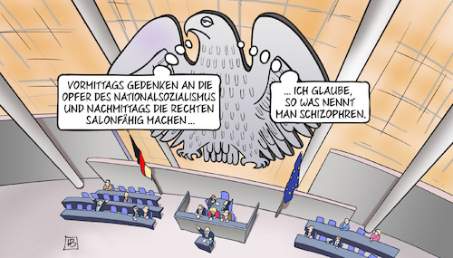 Cartoon: Rechte salonfähig (medium) by Harm Bengen tagged gedenken,opfer,nationalsozialismus,rechte,nazis,afd,cdu,csu,merz,salonfähig,schizophren,bundestag,adler,harm,bengen,cartoon,karikatur,gedenken,opfer,nationalsozialismus,rechte,nazis,afd,cdu,csu,merz,salonfähig,schizophren,bundestag,adler,harm,bengen,cartoon,karikatur