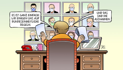 Cartoon: Regeln und Ausnahmen (medium) by Harm Bengen tagged bundeseinheitliche,regeln,ausnahmen,corona,linie,föderalismus,bundesländer,merkel,videokonferenz,ministerpräsidenten,monitore,harm,bengen,cartoon,karikatur,bundeseinheitliche,regeln,ausnahmen,corona,linie,föderalismus,bundesländer,merkel,videokonferenz,ministerpräsidenten,monitore,harm,bengen,cartoon,karikatur