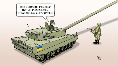 Cartoon: Reichweitenbegrenzung (medium) by Harm Bengen tagged deutschland,ukraine,panzer,rohr,kanzler,merz,reichweitenbegrenzung,aufgehoben,soldat,harm,bengen,cartoon,karikatur,deutschland,ukraine,panzer,rohr,kanzler,merz,reichweitenbegrenzung,aufgehoben,soldat,harm,bengen,cartoon,karikatur
