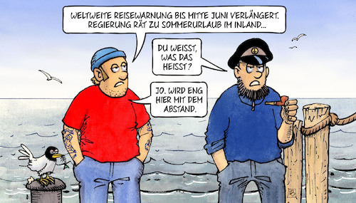 Cartoon: Reisewarnung verlängert (medium) by Harm Bengen tagged weltweite,reisewarnung,juni,verlängert,regierung,sommerurlaub,inland,see,meer,eng,abstand,corona,coronavirus,ansteckung,pandemie,epidemie,krankheit,schaden,harm,bengen,cartoon,karikatur,weltweite,reisewarnung,juni,verlängert,regierung,sommerurlaub,inland,see,meer,eng,abstand,corona,coronavirus,ansteckung,pandemie,epidemie,krankheit,schaden,harm,bengen,cartoon,karikatur