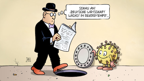 Cartoon: Rekordtempo und Fall (medium) by Harm Bengen tagged zeitung,lesen,gullydeckel,kanaldeckel,corona,virus,deutsche,wirtschaft,rekordtempo,kapitalist,rezession,harm,bengen,cartoon,karikatur,zeitung,lesen,gullydeckel,kanaldeckel,corona,virus,deutsche,wirtschaft,rekordtempo,kapitalist,rezession,harm,bengen,cartoon,karikatur