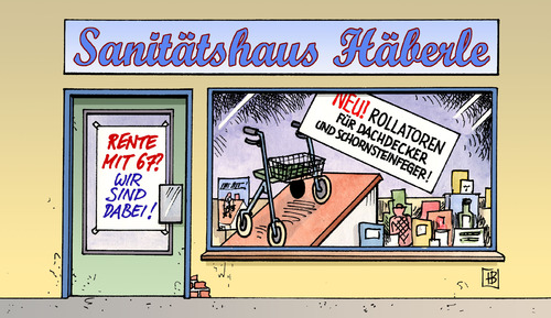 Cartoon: Rente 67 (medium) by Harm Bengen tagged rente,67,alter,krankheit,leistungsfähigkeit,erwerbsunfähigkeit,rollator,dachdecker,schornsteinfeger,leyen,merkel,cdu,rente,alter,krankheit,leistungsfähigkeit,erwerbsunfähigkeit,rollator,dachdecker,schornsteinfeger,leyen,merkel,cdu,rentner,rentenempfänger,senioren