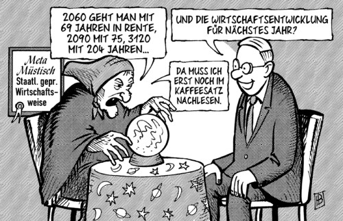 Cartoon: Rente mit 69 (medium) by Harm Bengen tagged rente,69,arbeit,verlängerung,rentenalter,wirtschaft,wirtschaftsweise,wahrsagerin,kaffeesatz,kristallkugel,job rentner,senioren,job,rentner