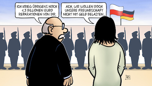 Cartoon: Reparationen (medium) by Harm Bengen tagged billionen,euro,reparationen,freundschaft,geld,polen,deutschland,besuch,soldaten,baerbock,aussenministerin,harm,bengen,cartoon,karikatur,billionen,euro,reparationen,freundschaft,geld,polen,deutschland,besuch,soldaten,baerbock,aussenministerin,harm,bengen,cartoon,karikatur