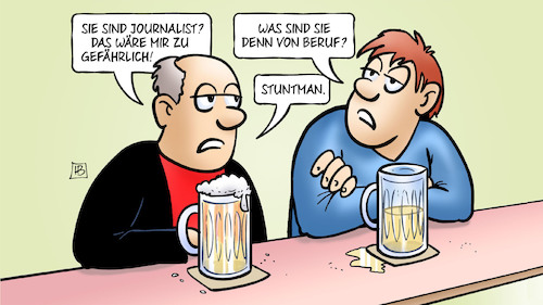 Cartoon: Report zur Pressefreiheit (medium) by Harm Bengen tagged report,pressefreiheit,journalisten,gefährlich,beruf,stuntman,kneipe,tresen,bier,harm,bengen,cartoon,karikatur,report,pressefreiheit,journalisten,gefährlich,beruf,stuntman,kneipe,tresen,bier,harm,bengen,cartoon,karikatur