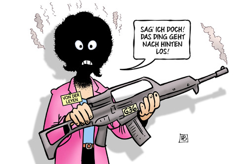 Cartoon: Rohrkrepierer (medium) by Harm Bengen tagged von,der,leyen,verteidigungsministerin,sturmgewehr,g36,heckler,koch,gericht,urteil,harm,bengen,cartoon,karikatur,von,der,leyen,verteidigungsministerin,sturmgewehr,g36,heckler,koch,gericht,urteil,harm,bengen,cartoon,karikatur